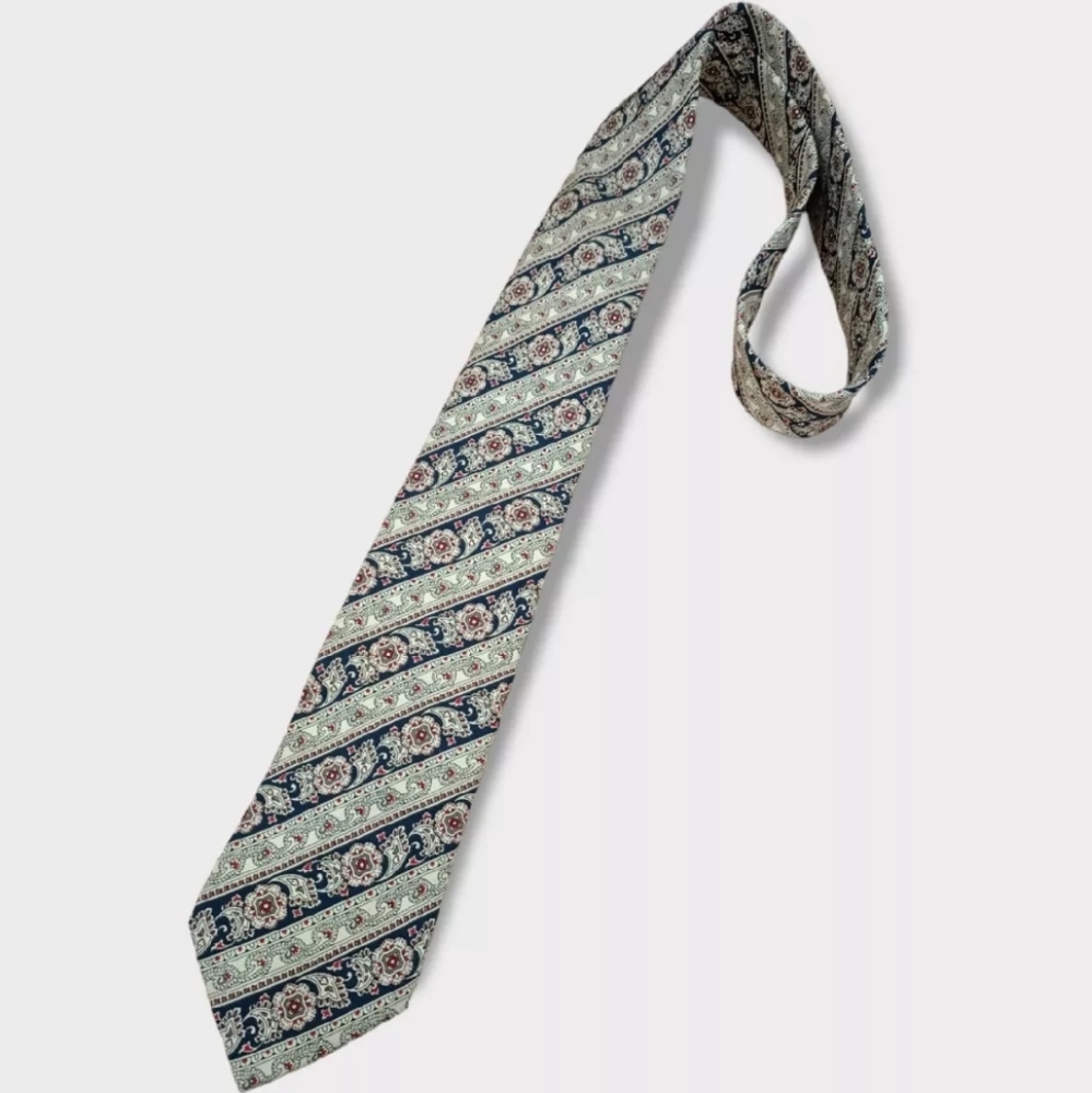 FAÇONNABLE Navy/Beige Striped Paisley Silk LUXURY Tie FRANCE